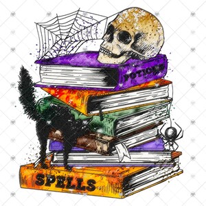 Peut inclure: Une pile de livres avec un chat noir, un cr&acirc;ne et une toile d'araign&eacute;e. Le livre du haut dit "Potions" et le livre du bas dit "Spells".