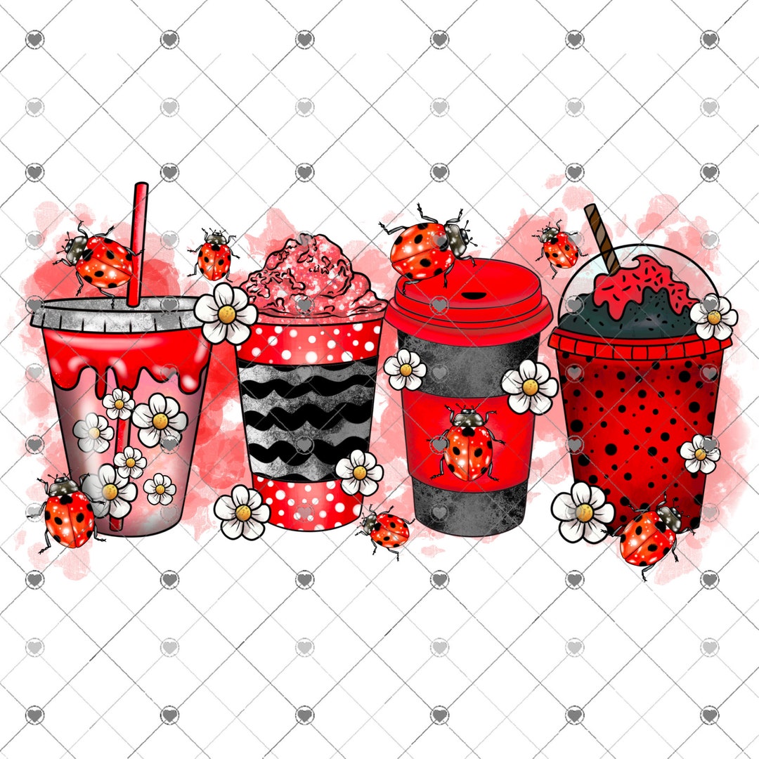 Ladybug Coffee Drink Sublimation Transfer, Ready to Press, Ladybugs