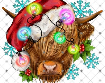 Christmas Highland Cow Sublimation Transfer, Cows, Farm, Heifer, Printed Sub, Sublimation Design Transfer, Ready to Use, Santa Cow, Lights