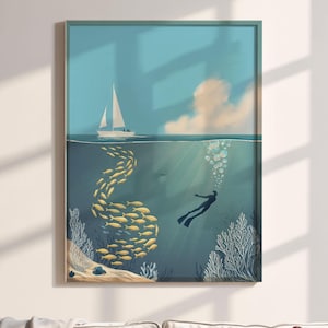 Sailboat Wall Art, Coastal Print, Scuba Diver Poster, Summer Poster, Reef Printable Poster, Beach Lover Gift, Beach Wall Art, Beach Wall Art