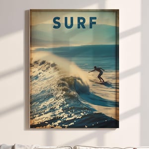 Retro Surf Art Print, Coastal Beach Wall Decor, Blue Surfing Photography Print, Large Physical Wall Art, Vintage Ocean Wave Poster