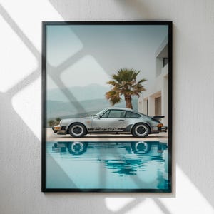 affiche Porsche vintage, impression de voiture moderne au bord de la piscine, décoration automobile minimaliste, affiche Porsche minimale, affiche de voiture, cadeau de fan Porsche