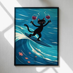 Black cat surf poster, Bar Cart Decor, Cat digital print poster, Wine Print, Retro Kitchen Decor, Mid Century Modern Decor