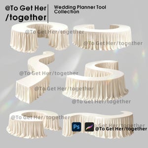 May include: A collection of cream-colored wedding planner tools, including curved and serpentine tables with draped skirts. The text "@To Get Her/together" is repeated throughout the image. The phrase "Wedding Planner Tool Collection" is at the top.