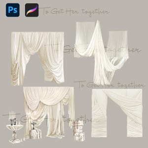 Op de afbeelding: Vier verschillende arrangementen van witte stoffen gordijnen, met de tekst "To Get Her Together" die door de hele afbeelding wordt herhaald.