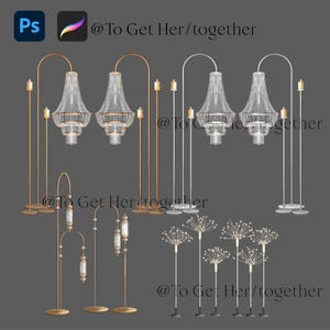 May include: A set of six decorative candle holders. Two gold candle holders with a curved arch and two crystal chandeliers. Two white candle holders with a curved arch and two crystal chandeliers. Four black candle holders with a starburst design.