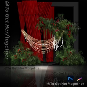 Puede incluir: Un telón de fondo decorativo para bodas con cortinas rojas transparentes, exuberante follaje verde y flores rojas. Cadenas de perlas y cuentas doradas caen en cascada. El texto "@To Get Her/together" es visible.
