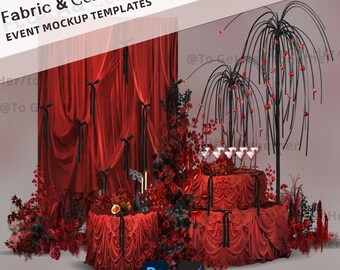 Red Velvet Wedding Drapery Clipart, Black Floral Decor (Canva & Photoshop, Instant Download )