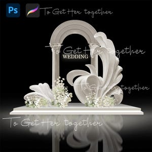 May include: A wedding stage design with a white arch, columns, and decorative floral elements. The text "To Get Her Together" and "Wedding" are visible. The design is set against a black background.