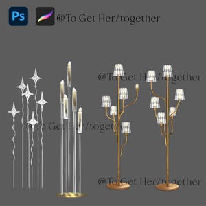May include: Three decorative floor lamps with different styles. The first lamp has a clear glass base with multiple candle-like lights. The second and third lamps have a gold metal base with a tree-like design and multiple clear glass shades.
