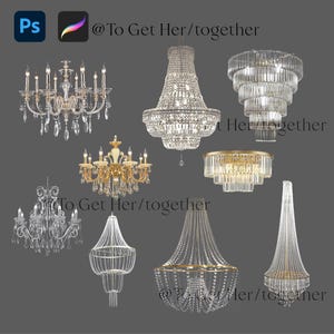 May include: A collection of ten crystal chandeliers in various styles and sizes. The chandeliers are all made of clear glass and have a variety of shapes and designs. Some of the chandeliers have gold accents. The chandeliers are hanging from the ceiling against a gray background.