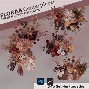 Könnte beinhalten: Vier Arrangements aus getrockneten Blumen und Grün in Braun-, Rosa- und Rottönen. Die Blumen sind kreisförmig angeordnet und eignen sich perfekt für eine Hochzeit oder ein Event.