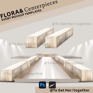 Op de afbeelding: Evenement mockup template met een podium en rechthoekige centerpieces. Het ontwerp omvat een witte catwalk, beige accenten en de tekst "FLORA & Centerpieces EVENT MOCKUP TEMPLATES". Photoshop- en Procreate-logo's zijn inbegrepen.