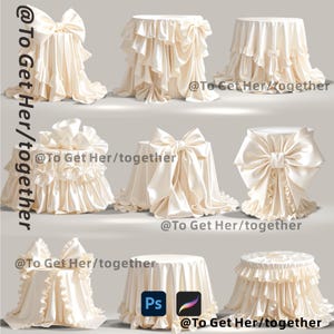 May include: Nine ivory-colored pedestal table covers with various designs. Some feature large bows, while others have layered ruffles. The text "@To Get Her/together" is visible on several covers. The image also includes the Photoshop and Procreate logos.