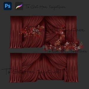 May include: Two red velvet curtains with a floral arrangement in front of them. The text "To Get Her Together" is written above the curtains.