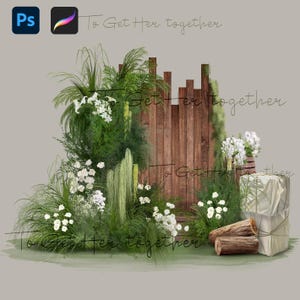 以下が含まれることがあります： 素朴な結婚式の背景のデジタルイラスト。木製のフェンス、緑豊かな緑、白い花、装飾的な要素が特徴です。「To Get Her together」というテキストが画像に重ねられています。