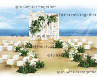 White curtains, green plants, beach fabric wedding design rendering design,planner toolsWedding illustration collection,Flower Dream:Digital