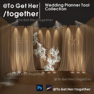 Puede incluir: Anuncio de una colección de herramientas para planificadores de bodas. La imagen presenta un escenario con cortinas beige, focos y arreglos florales. El texto incluye "@To Get Her / together" y "Wedding Planner Tool Collection."