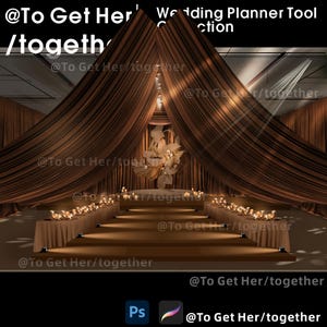 Puede incluir: Diseño de escenario de boda con cortinas marrones y una plataforma elevada. El escenario está decorado con velas y arreglos florales. El texto "@To Get Her/together" se repite.