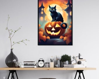 Lámina artística de gato negro de Halloween: Decoración de calabaza espeluznante (Descarga digital)