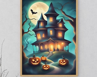 Impresión de Halloween de Casa Embrujada: Calabazas espeluznantes (Descarga digital)