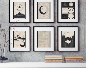Láminas artísticas de fases lunares místicas: Decoración celestial minimalista (descarga digital)