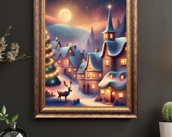 Lámina artística de un pueblo navideño: Decoración navideña caprichosa (descarga digital)