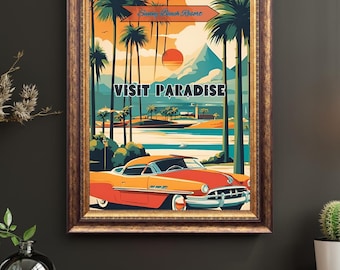 Póster retro de viaje por un pueblo costero: Arte automovilístico de mediados de siglo (descarga digital)