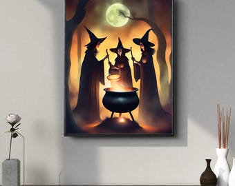 Lámina artística de Halloween: Escena de caldero espeluznante (Descarga digital)