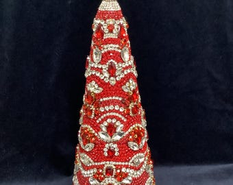 Handcrafted Red & Silver Christmas Tree – Sparkling Rhinestone Holiday Decor