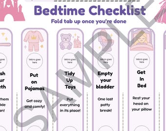 May include: A purple and white bedtime checklist with illustrations of a toothbrush, pajamas, a teddy bear, a toilet, a person in bed, and a book. The checklist includes the text "Bedtime Checklist" and "Brush Your Teeth."