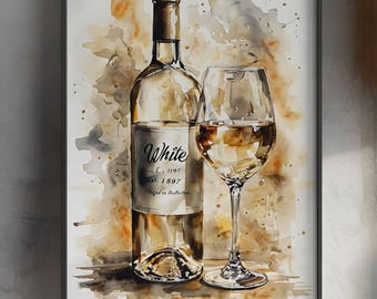 Peut inclure: Peinture à l'aquarelle d'une bouteille de vin et d'un verre à vin. La bouteille est étiquetée "White" avec "Est. 1897" et "Aged to Perfection". Le verre est rempli de vin blanc. Le fond présente des lavis d'aquarelle abstraits bruns et beiges.