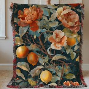 Floral and Citrus Cotton Woven Blanket, Vibrant Garden Inspired Throw, Cozy Living Room Décor, Soft and Breathable Home Blanket, Gift