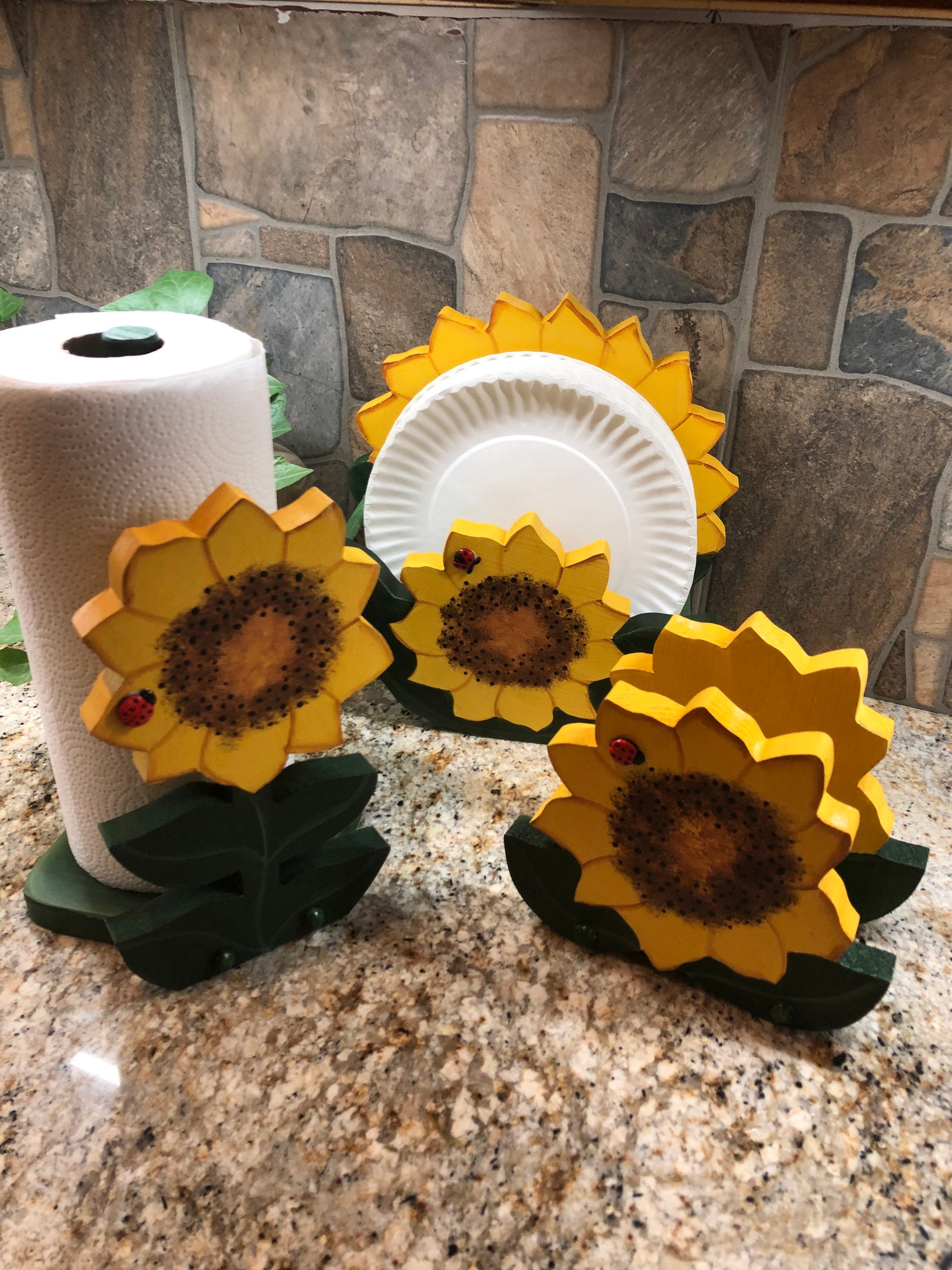 Sunflower Kitchen Paper Towel Holder - Yellow Home Kitchen Decor Accessories  - Hegivoc Black Metal Farmhouse Large Towel Stand For Countertops