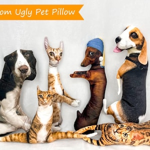 May include: A collection of custom-made, "Ugly Pet Pillows" featuring various dog and cat designs. The pillows showcase realistic pet faces and bodies, with unique poses and expressions. The text "Custom Ugly Pet Pillow" is displayed in an orange banner at the top.