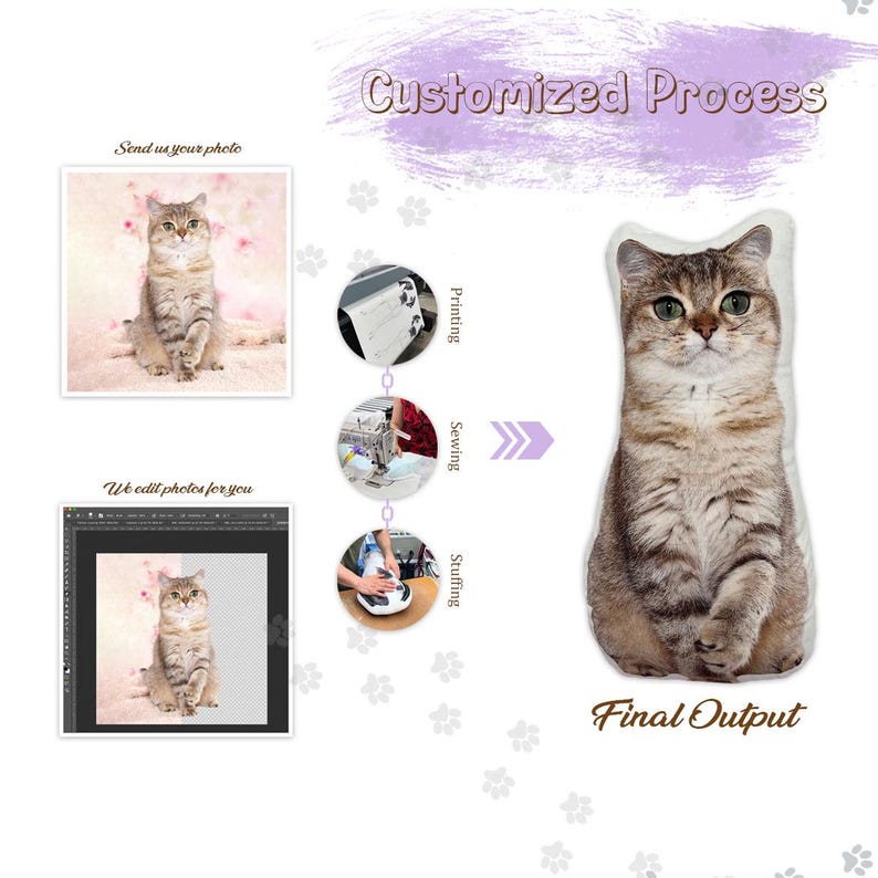 May include: A custom cat-shaped pillow is shown in the final output. The image shows the process: send photo, edit, print, sew, and stuff. The text "Customized Process" and "Final Output" are visible.