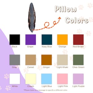 May include: Image showcasing a pillow with a color chart. The chart displays various color options, including black, grape, navy blue, orange, red-brown, gray, camel, ginger, light khaki, olive green, white, cream, light blue, light pink, and light purple.