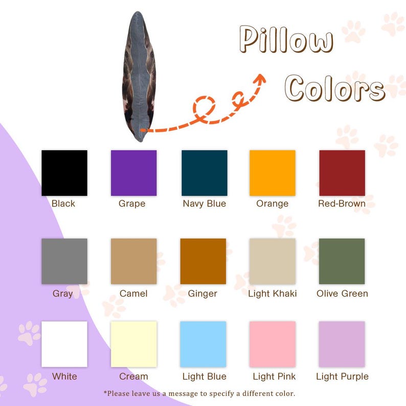 May include: Image showcasing a pillow with a color chart. The chart displays various color options, including black, grape, navy blue, orange, red-brown, gray, camel, ginger, light khaki, olive green, white, cream, light blue, light pink, and light purple.