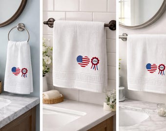 Patriotic Hand Towel with American Flag Heart, Embroidered USA Bathroom Decor, 4th of July Gift, Farmhouse Towel, Housewarming Gift