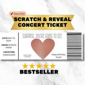 Billet cadeau Fête des Mères pour un concert Billet à gratter Coupon Scratch to Reveal Billet Orchestre symphonique Broadway Billet Rock Band Rap Hip Hop