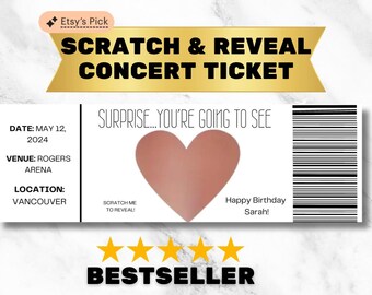 Puede incluir: Un boleto de concierto para rascar imprimible con un corazón rosa y el texto "Surprise... You're going to see" y "Happy Birthday Sarah!" El boleto tiene una fecha, un lugar y una ubicación. El texto "Scratch Me To Reveal!" está impreso debajo del corazón.