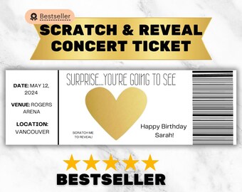 Puede incluir: Un boleto de concierto para rascar imprimible con un corazón dorado y el texto "Surprise... You're going to see" y "Happy Birthday Sarah!"