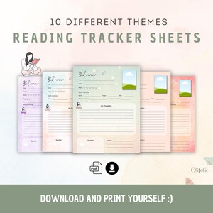 Printable reading sheets, reading tracking, book review template to download, 10 different themes of reading sheets
