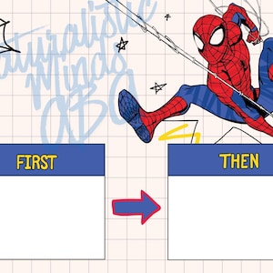 May include: A Spiderman-themed graphic with a web, stars, and the words "Naturalistic Mingo ABCs." The image features Spiderman in action, with boxes labeled "FIRST" and "THEN" for sequencing.
