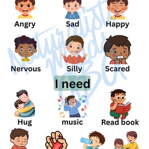 Puede incluir: Un gráfico educativo titulado I feel e I need con ilustraciones de niños expresando emociones como enojado, triste, feliz, nervioso, tonto y asustado, junto con acciones como abrazo, música, leer libro, espacio, apretar, agua y ayuda.