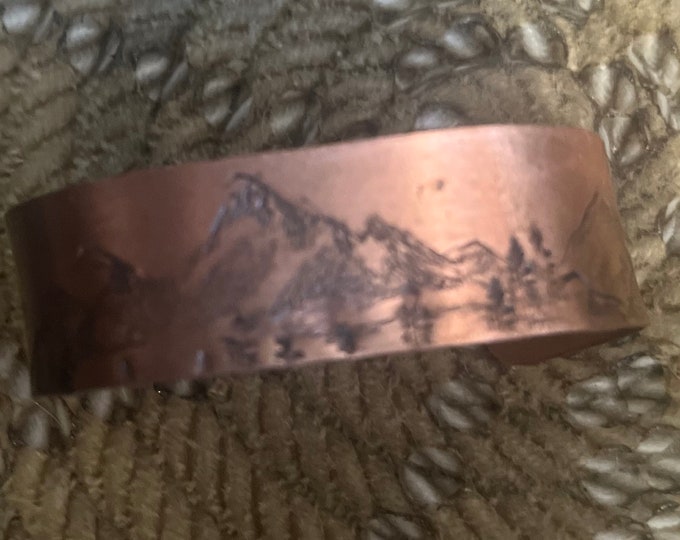 Mountain theme copper cuff, mountains copper bracelet