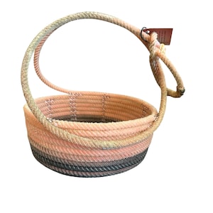 P-2 lariat basket rustic sage pink and  grey with yellow highlights,lasso basket, rope basket, cowboy rope art