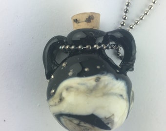 Hand Blown Vessel pendant Necklace // Soft Glass//lunar//Black // Keepsake, Oil, Perfume, Potion /lunar