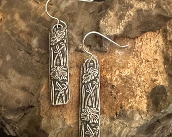 Botanical Antique Silver rectangle patterned earrings