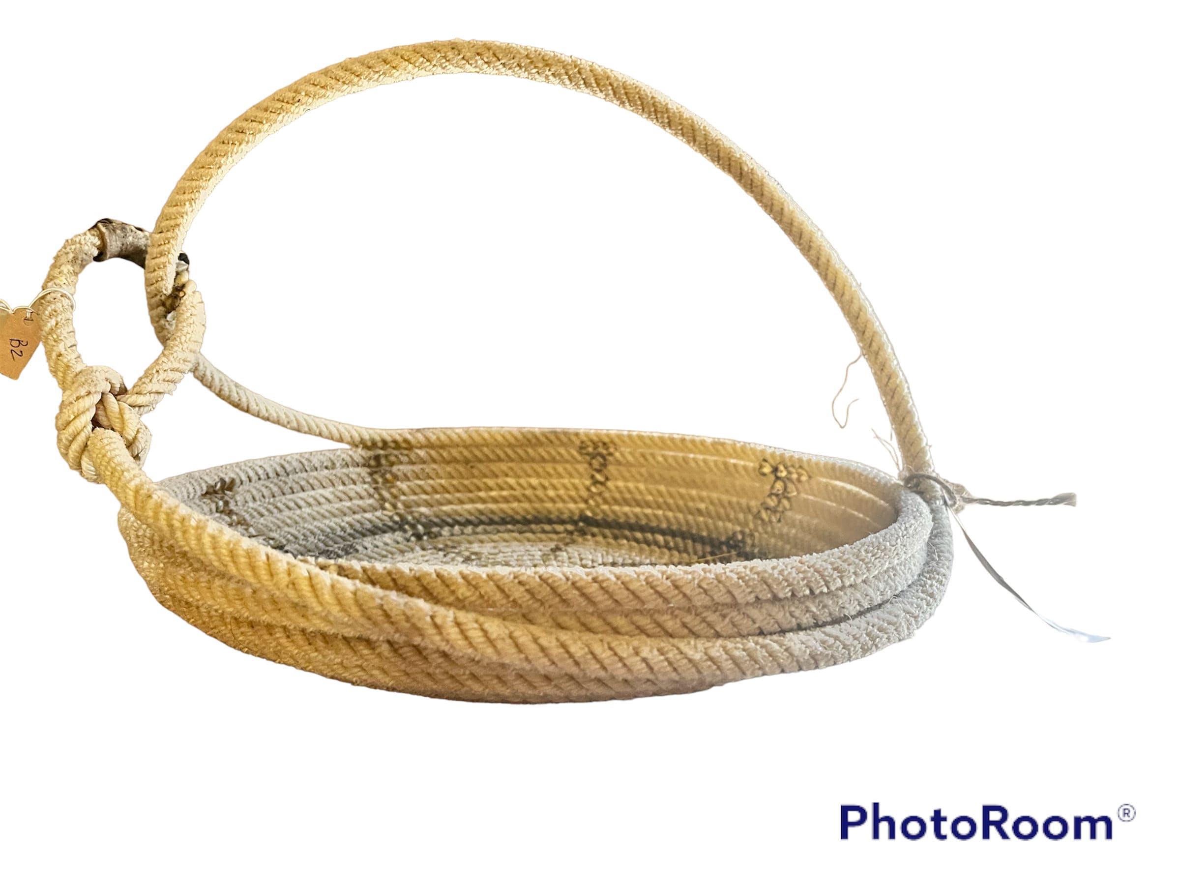 B2 tan lariat rope basket, lasso basket, rope art